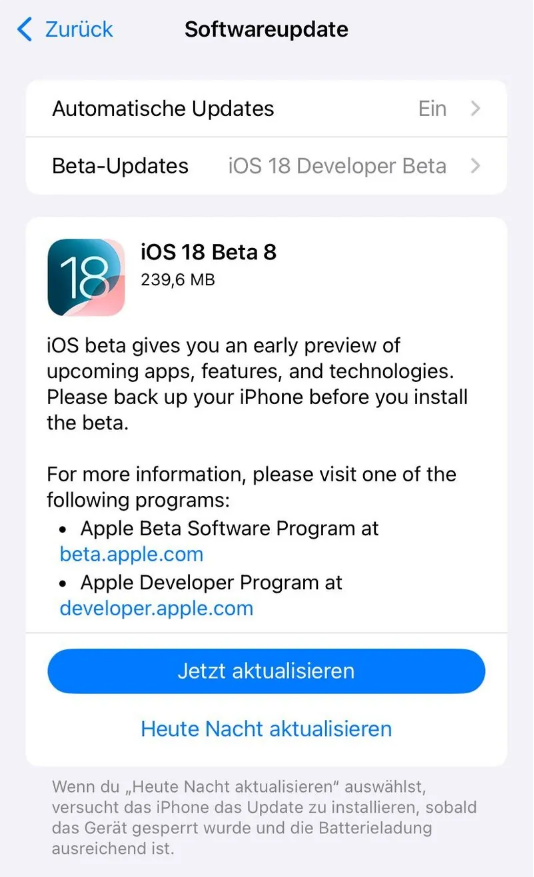 略阳苹果手机维修分享苹果 iOS / iPadOS 18 开发者预览版 Beta 8 发布 